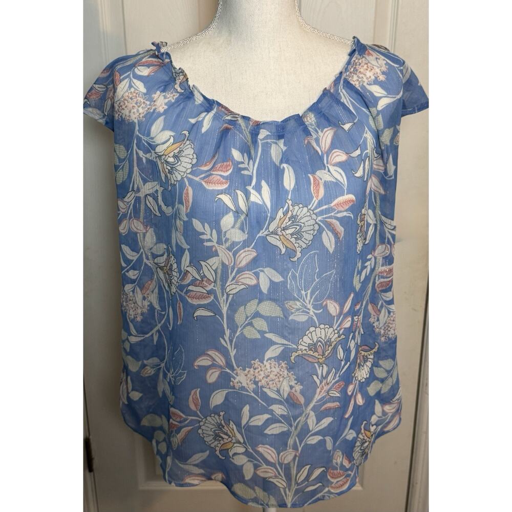 Women’s Lauren Conrad Sheer Blouse, Blue With Flower Print, Tie Back, Large